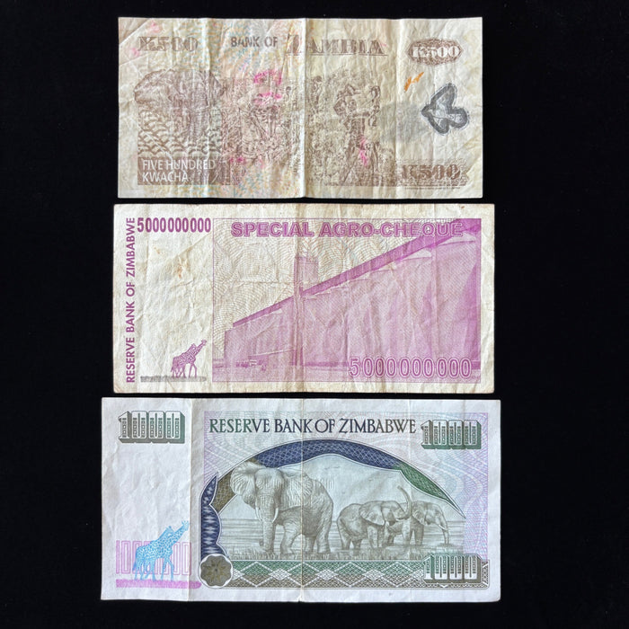 Vintage Banknote Lot of 3 Zambia Zimbabwe Giraffe Elephant African UV Watermark