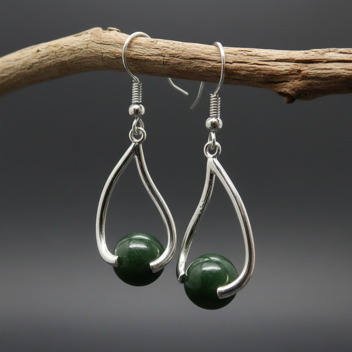 Jade Earrings Deep Prosperity Green Nephrite Stone