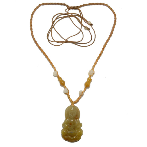 Yellow Jade Kwan Yin Necklace with a pendant on a white background
