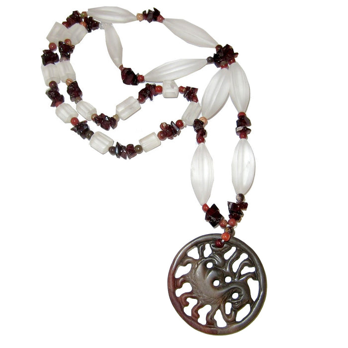Dragon Medallion strung on frosted glass brown jasper and garnet beads necklace