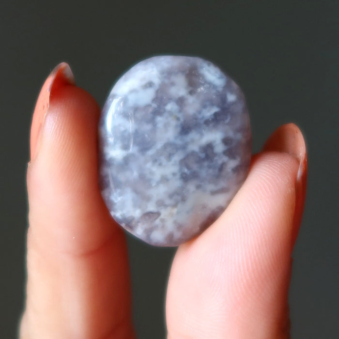 Hand holding a blue-gray stone against a dark background