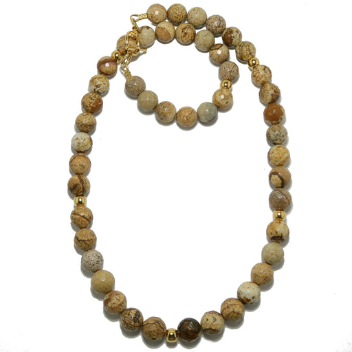 Landscape Jasper necklace with brown and beige beads on a white background