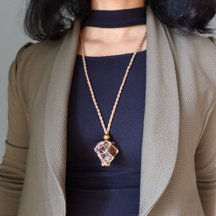 leopard jasper tumbled macrame necklace