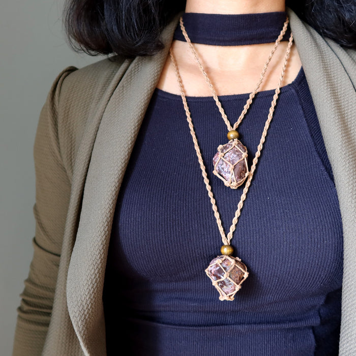 leopard jasper tumbled macrame necklaces