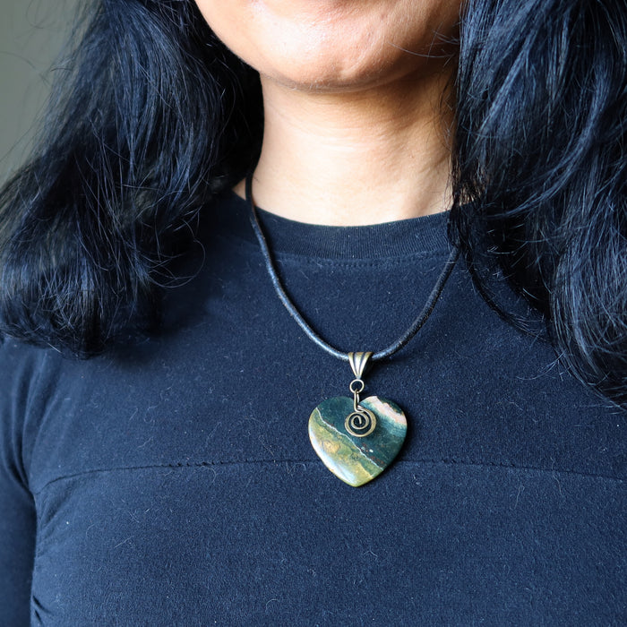 Ocean Jasper Necklace Heart My Love is Deep Gem on Leather