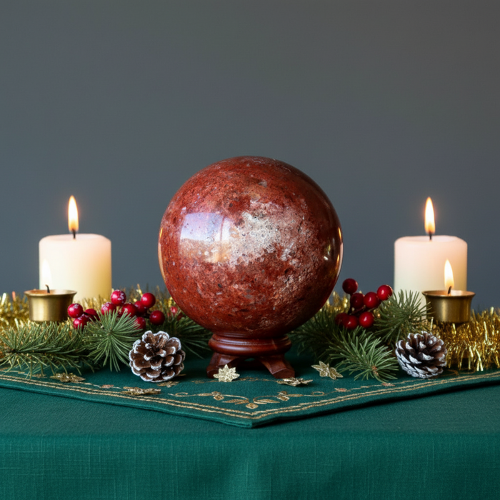 red jasper sphere in a festive centerpiece

