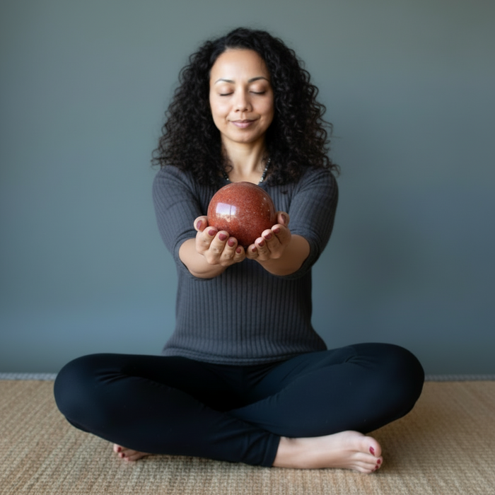 model meditating with jasper sphere