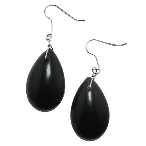 Black teardrop Jet stone earrings on silver hooks against a white background