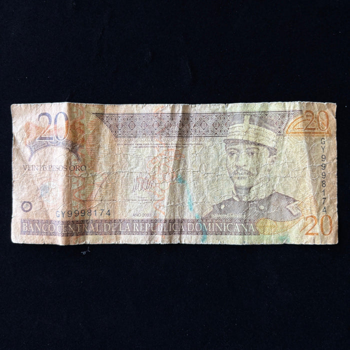 Vintage Banknote 2003 Dominican Republic 20 Pesos UV Verified Caribbean Currency