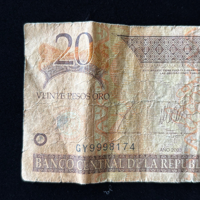 Vintage Banknote 2003 Dominican Republic 20 Pesos UV Verified Caribbean Currency