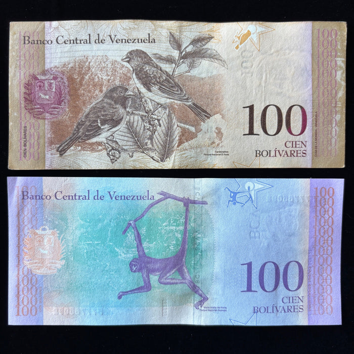 Venezuela Banknote Lot 100 Bolivares 2015 2018 Spider Monkey Birds UV Verified