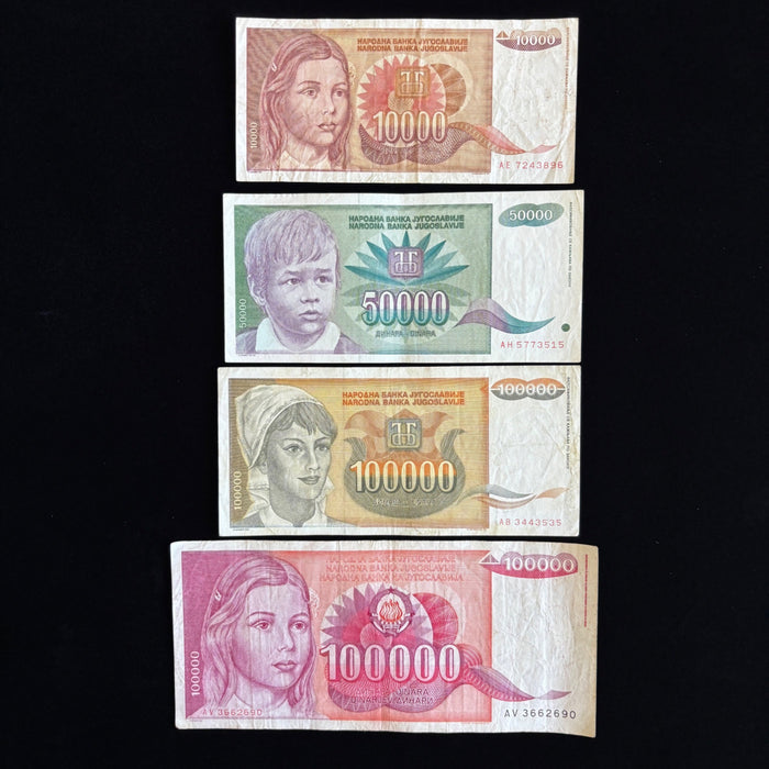 Vintage Banknote Lot of 4 Yugoslavia Hyperinflation 10K-100K Dinara UV Verified