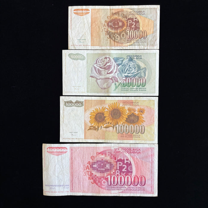 Vintage Banknote Lot of 4 Yugoslavia Hyperinflation 10K-100K Dinara UV Verified