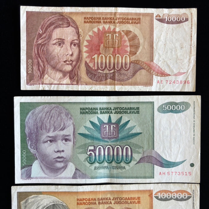 Vintage Banknote Lot of 4 Yugoslavia Hyperinflation 10K-100K Dinara UV Verified