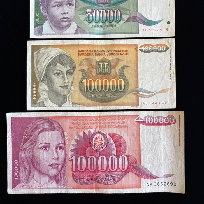 Vintage Banknote Lot of 4 Yugoslavia Hyperinflation 10K-100K Dinara UV Verified