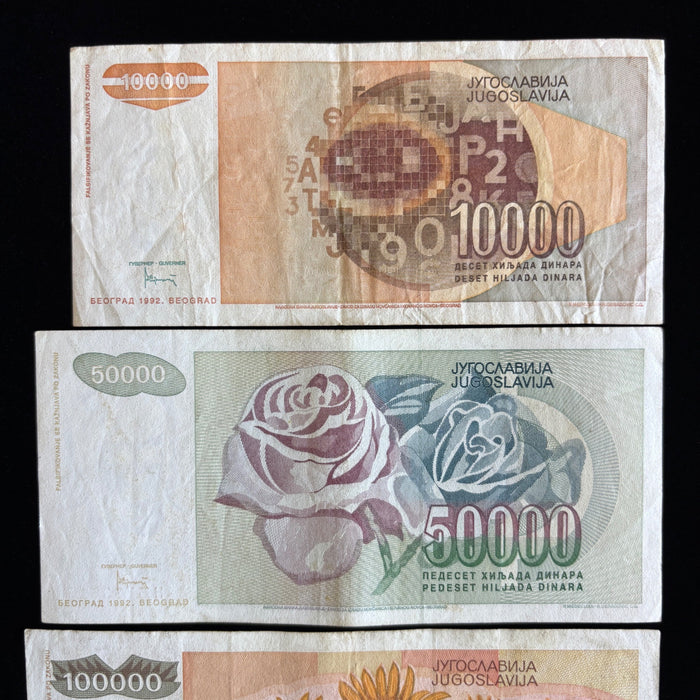 Vintage Banknote Lot of 4 Yugoslavia Hyperinflation 10K-100K Dinara UV Verified
