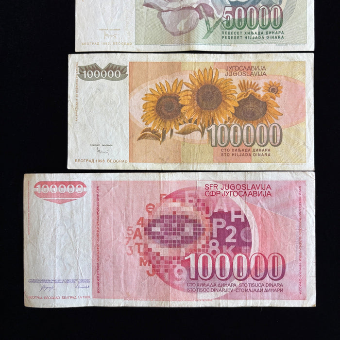 Vintage Banknote Lot of 4 Yugoslavia Hyperinflation 10K-100K Dinara UV Verified