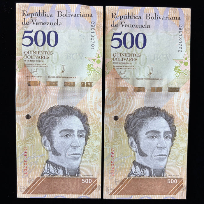 Consecutive Banknote Lot Venezuela 500 Bolivares Sequential Pair UV Verified