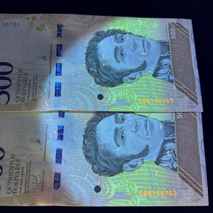 Consecutive Banknote Lot Venezuela 500 Bolivares Sequential Pair UV Verified