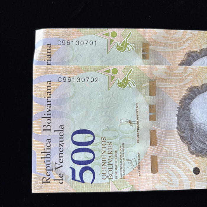 Consecutive Banknote Lot Venezuela 500 Bolivares Sequential Pair UV Verified