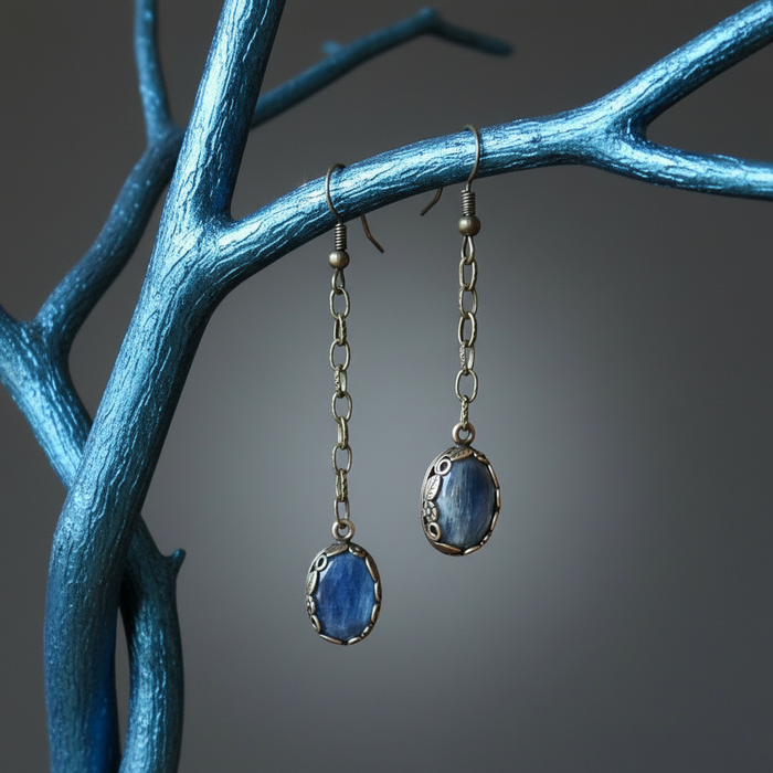 Kyanite Earrings Blue Oval Gems Swinging Leaf Chain