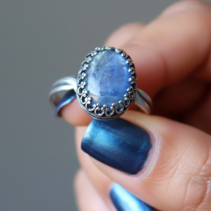 Kyanite Ring Blue Crystal Sterling Silver Adjustable