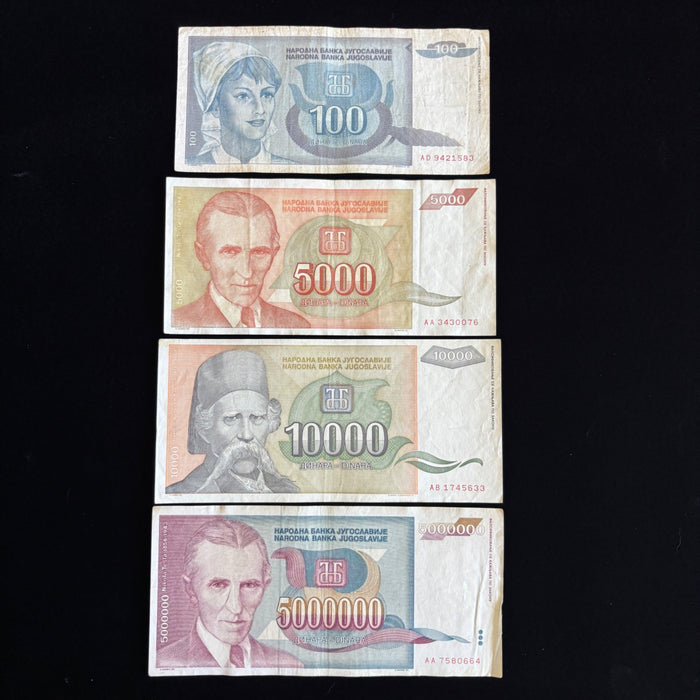 Vintage Banknote Lot Nikola Tesla 100 to 5M Dinara Hyperinflation 1993 Gift UV