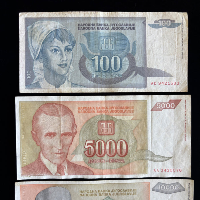 Vintage Banknote Lot Nikola Tesla 100 to 5M Dinara Hyperinflation 1993 Gift UV