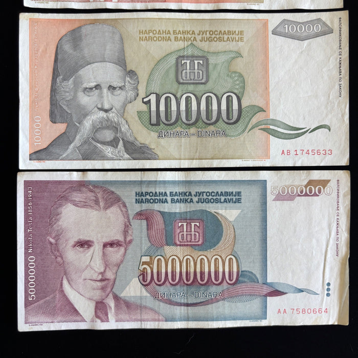 Vintage Banknote Lot Nikola Tesla 100 to 5M Dinara Hyperinflation 1993 Gift UV