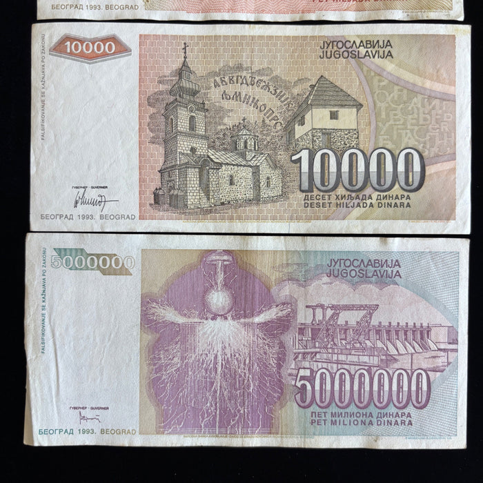 Vintage Banknote Lot Nikola Tesla 100 to 5M Dinara Hyperinflation 1993 Gift UV