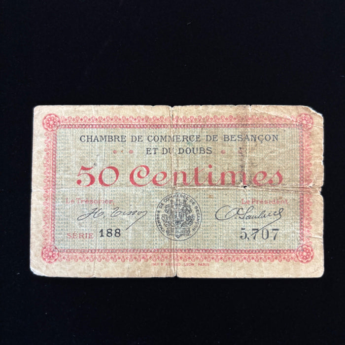 Antique Banknote France 50 Centimes WWI French Emergency Currency Notgeld Relic