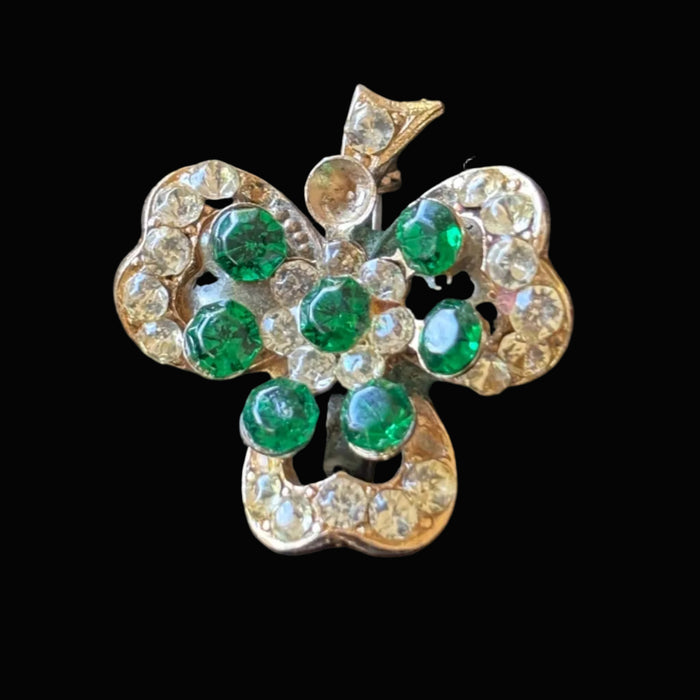 Vintage Brooch Gold-Tone Shamrock Green Clear Rhinestones Clover Pin Jewelry