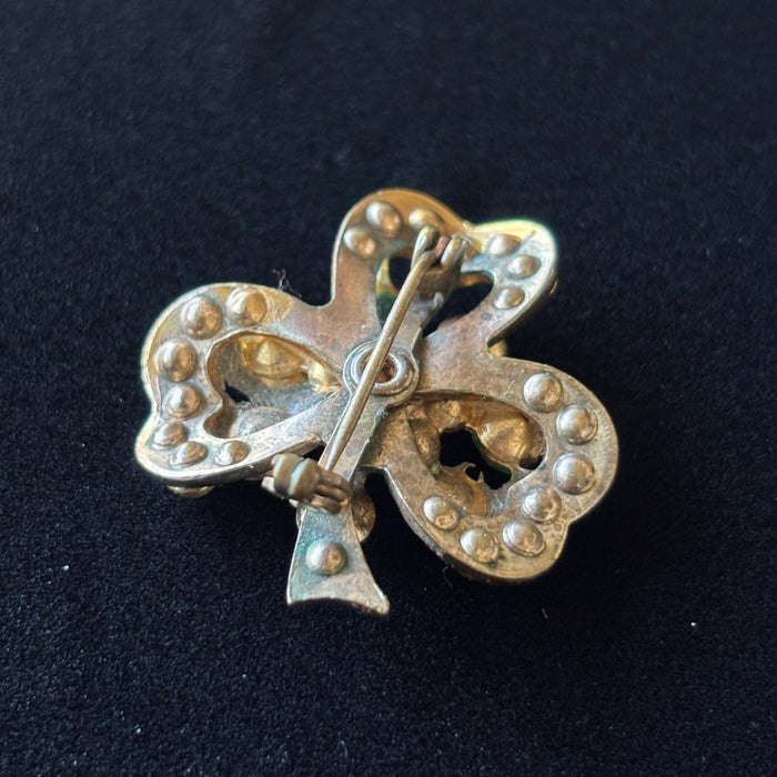 Vintage Brooch Gold-Tone Shamrock Green Clear Rhinestones Clover Pin Jewelry
