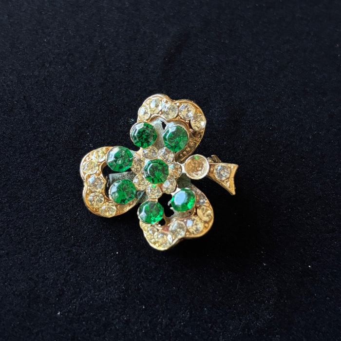 Vintage Brooch Gold-Tone Shamrock Green Clear Rhinestones Clover Pin Jewelry