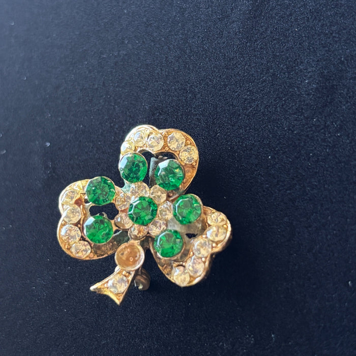 Vintage Brooch Gold-Tone Shamrock Green Clear Rhinestones Clover Pin Jewelry