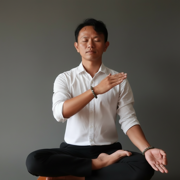 Man in a white shirt and black pants meditating with labradorite bracelets on a gray background