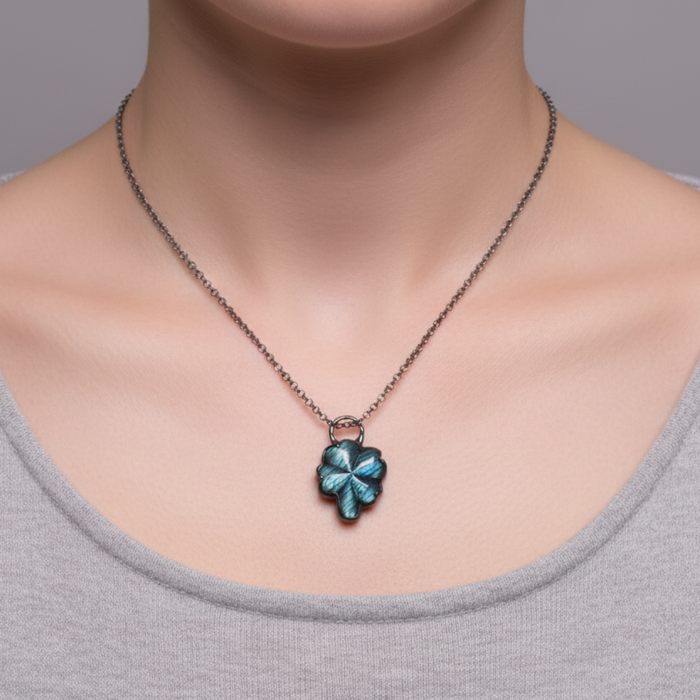 Labradorite Necklace Flashy Four Leaf Clover