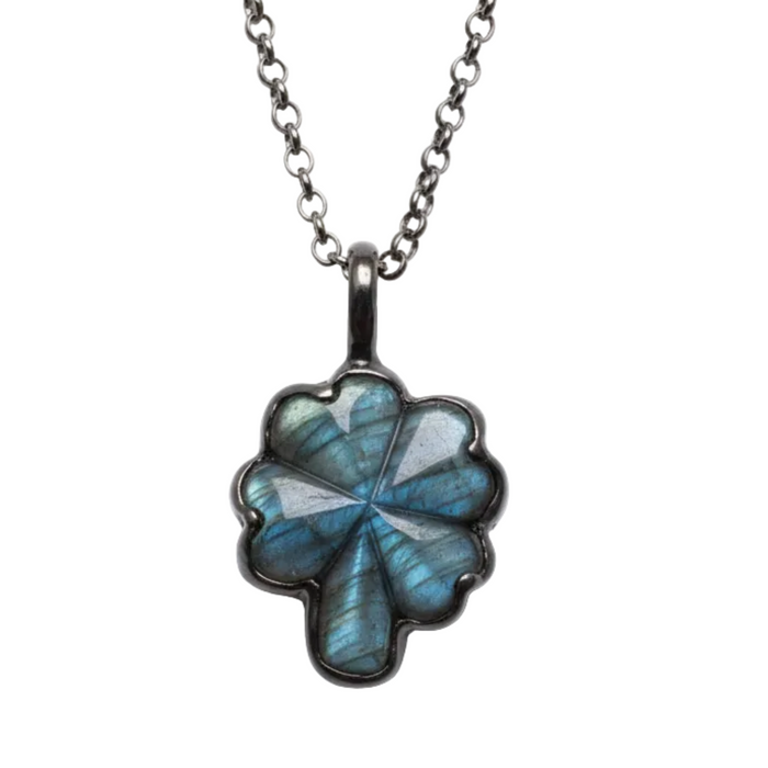 Labradorite Necklace Flashy Four Leaf Clover