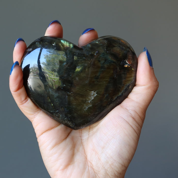 Labradorite Heart Dark Flashy Iridescent Gemstone Crystal