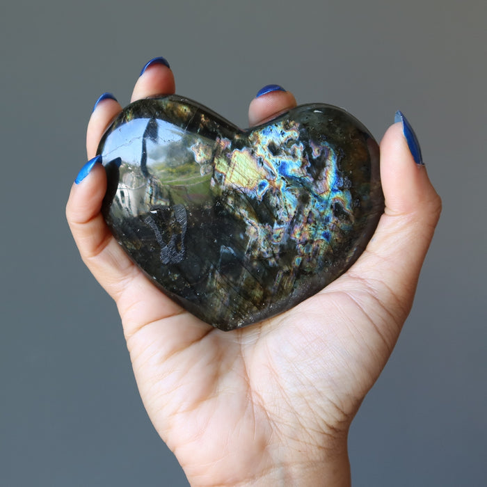 Labradorite Heart Dark Flashy Iridescent Gemstone Crystal