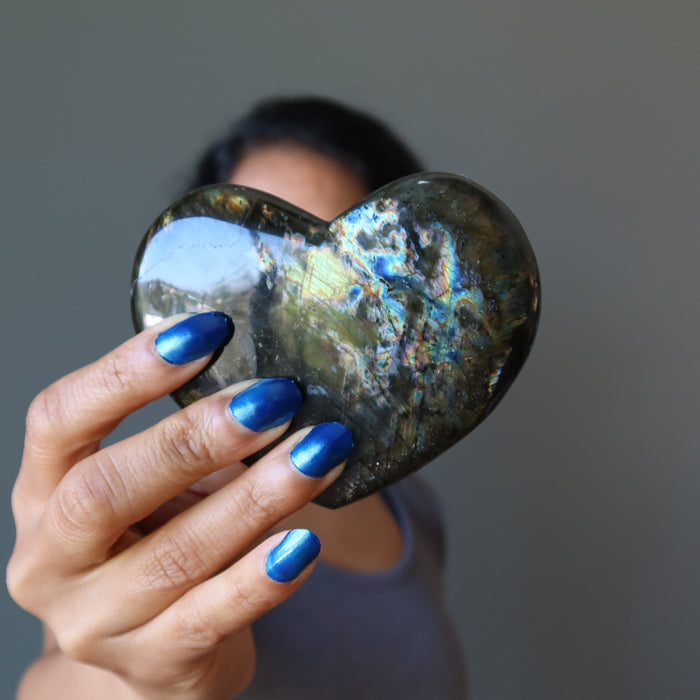 Labradorite Heart Dark Flashy Iridescent Gemstone Crystal