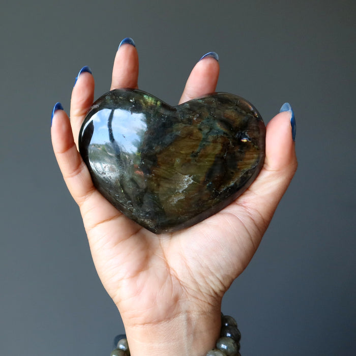 Labradorite Heart Dark Flashy Iridescent Gemstone Crystal