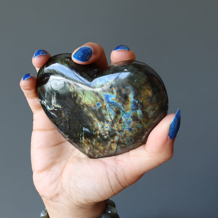 Labradorite Heart Dark Flashy Iridescent Gemstone Crystal