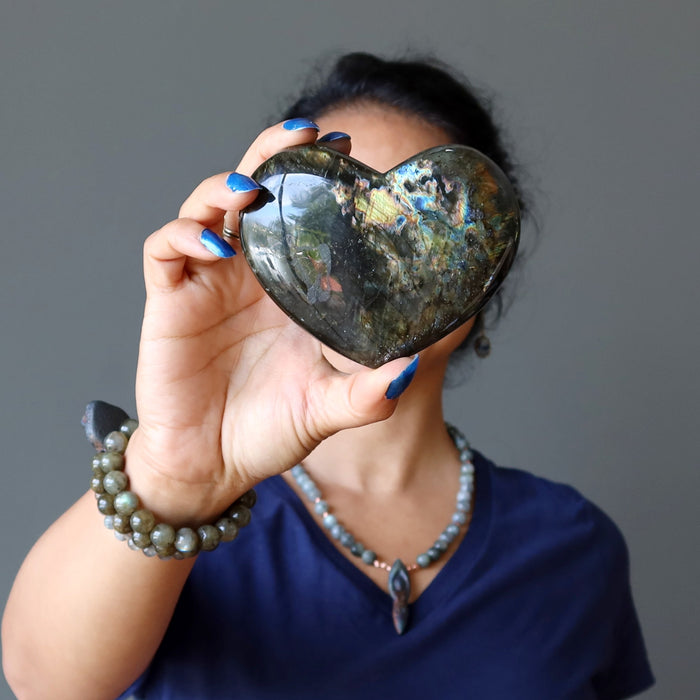 Labradorite Heart Dark Flashy Iridescent Gemstone Crystal