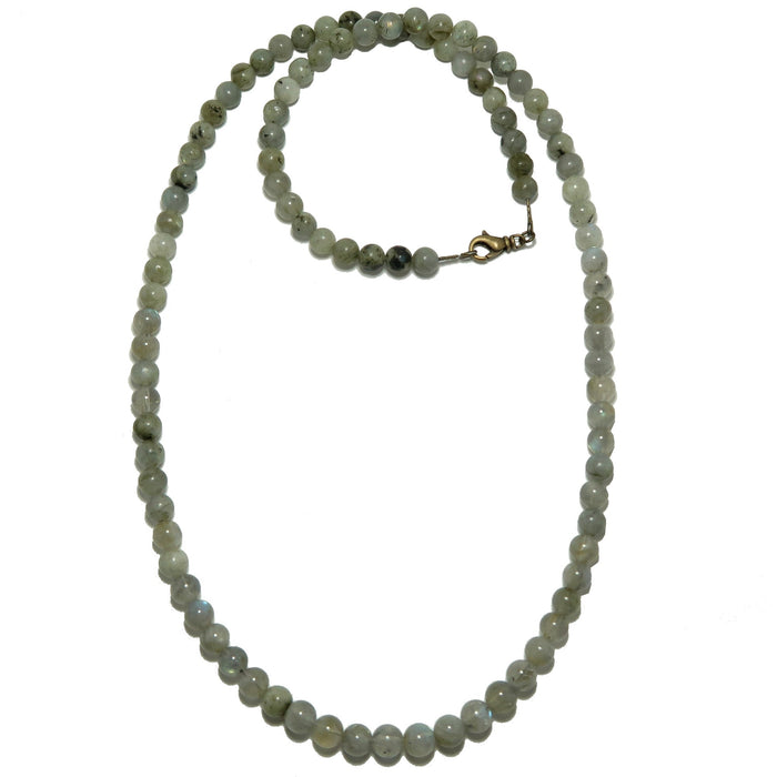 Labradorite necklace with small round beads on a white background