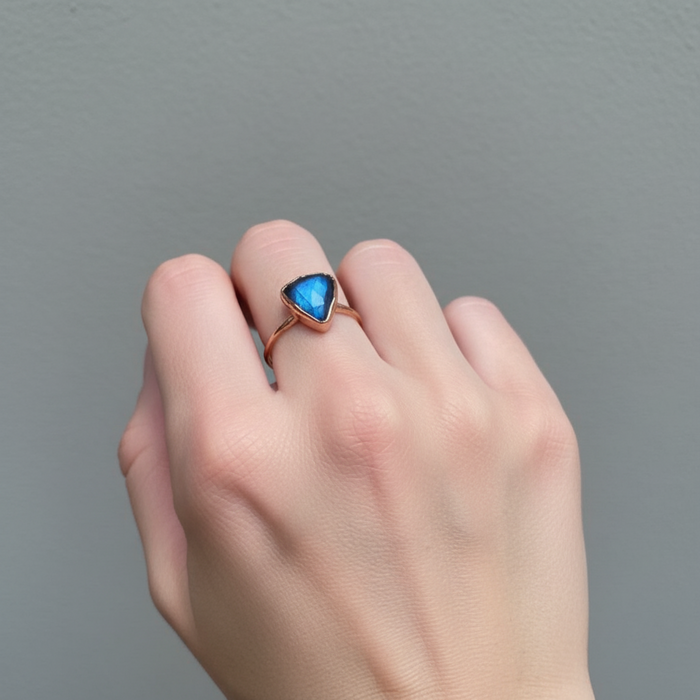 Labradorite Ring Faceted Blue Triangle Copper Size 7