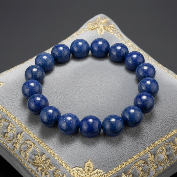Blue lapis beaded bracelet on a decorative gray and gold box