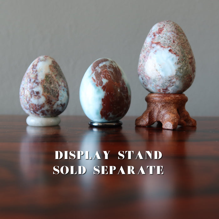 larimar hematite eggs on display stands