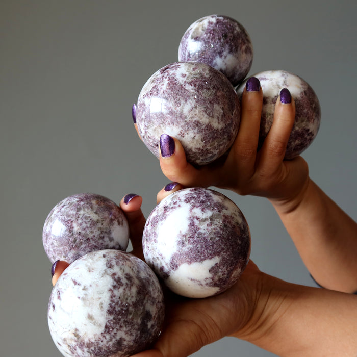 Lepidolite Sphere Bundle of 7 Purple White Quartz Crystal Balls