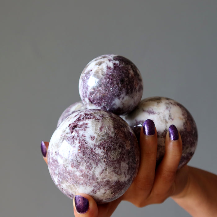 Lepidolite Sphere Bundle of 7 Purple White Quartz Crystal Balls